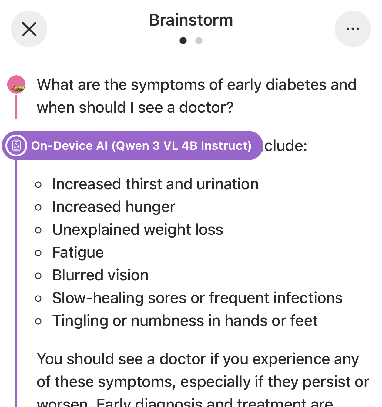 On-device AI answering a health question about diabetes symptoms